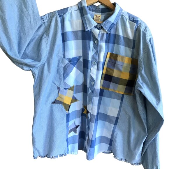 Mixed Plaid Button-Down Shirt, M-XL: Upcycled Oversized Boho Top, Stars & Fringe - Picture 9 of 10